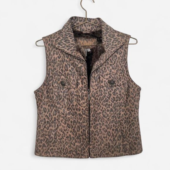Vintage Leather Animal Print Leopard Vest Faux Fur Lining Y2K Statement Piece S - Picture 5 of 7